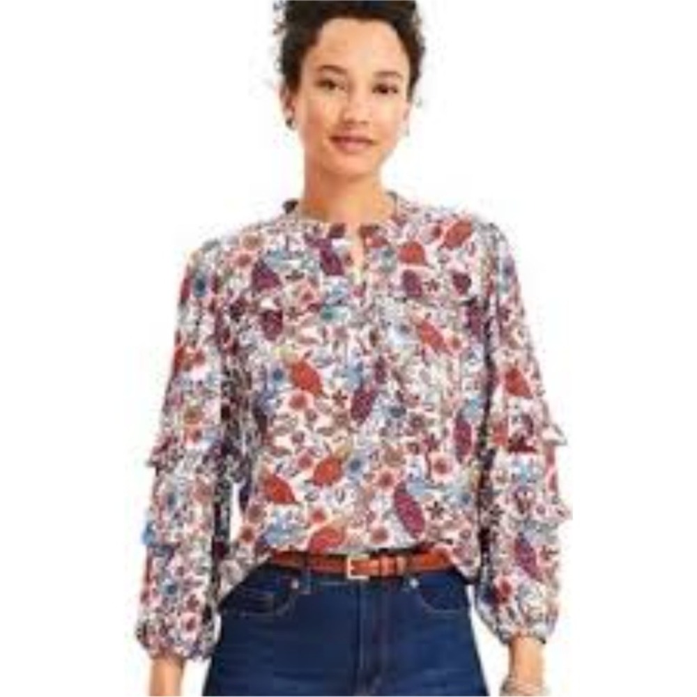 LOFT Floral Peacock Ruffle Sleeve Blouse Top Women's Size‎ L NWOT